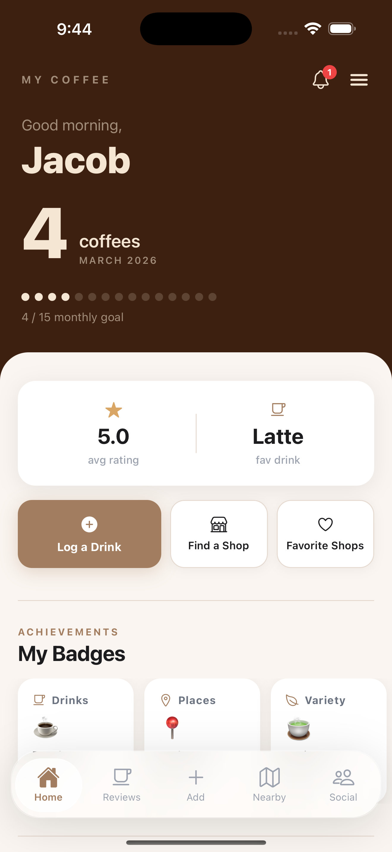 MyCoffee app screen 1