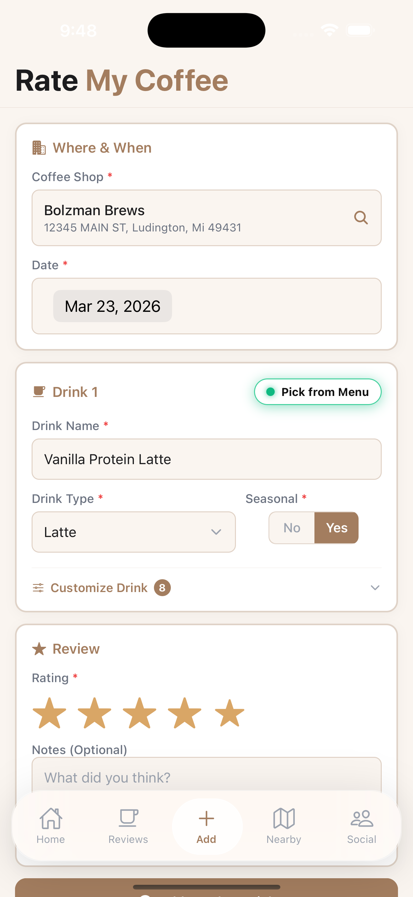 MyCoffee app screen 3
