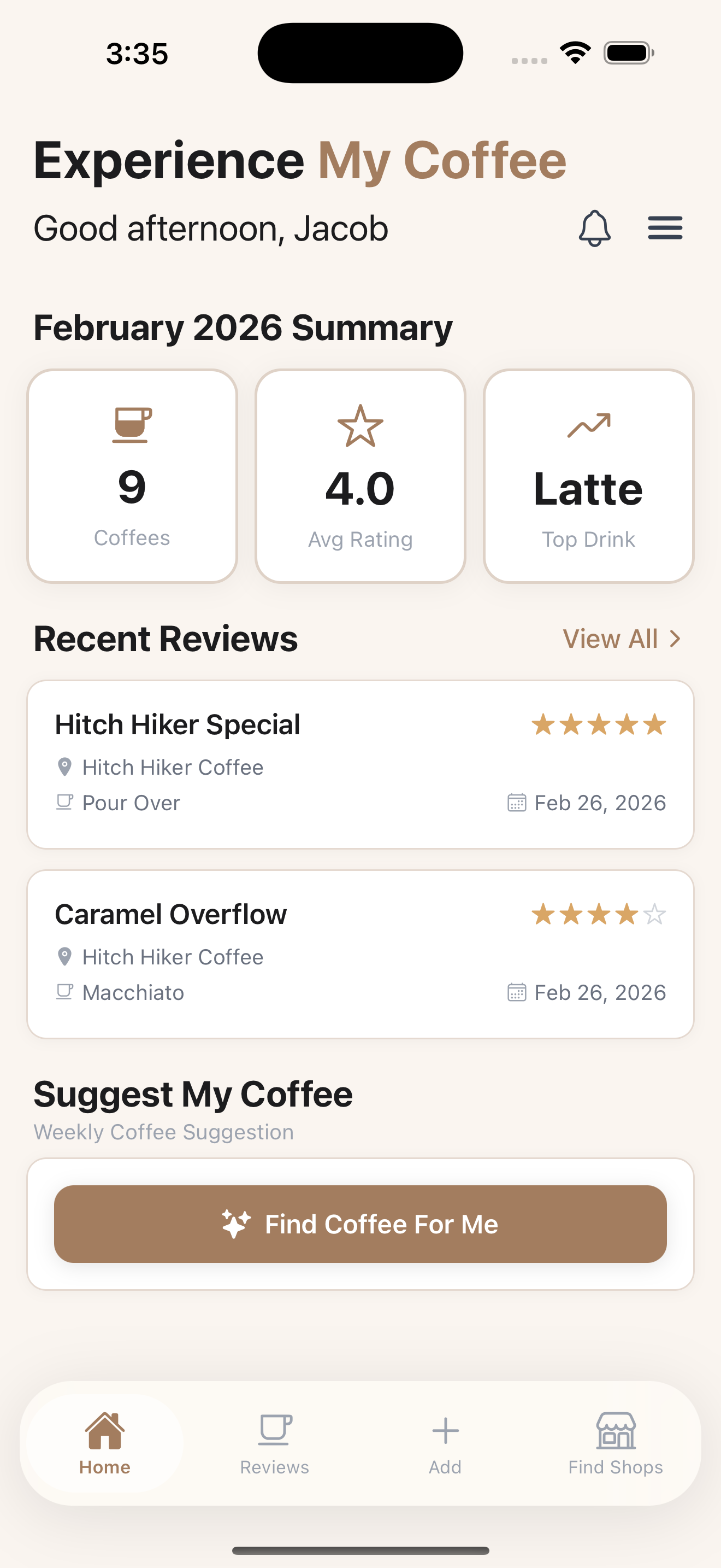 MyCoffee app home screen